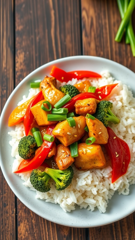 Savory Single-Serving Chicken Stir-Fry A colorful chicken stir-fry with bell peppers and broccoli over rice, garnished with sesame seeds and green onions.